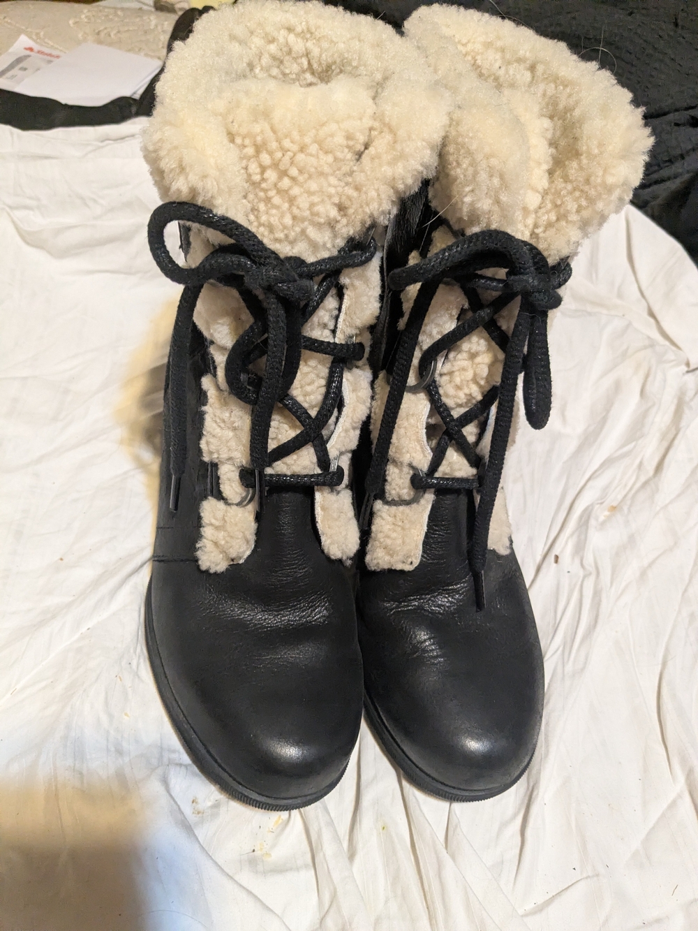 Sorel Joan of Arctic Wedge II Size 8 boots, black waterproof leather, Shearling